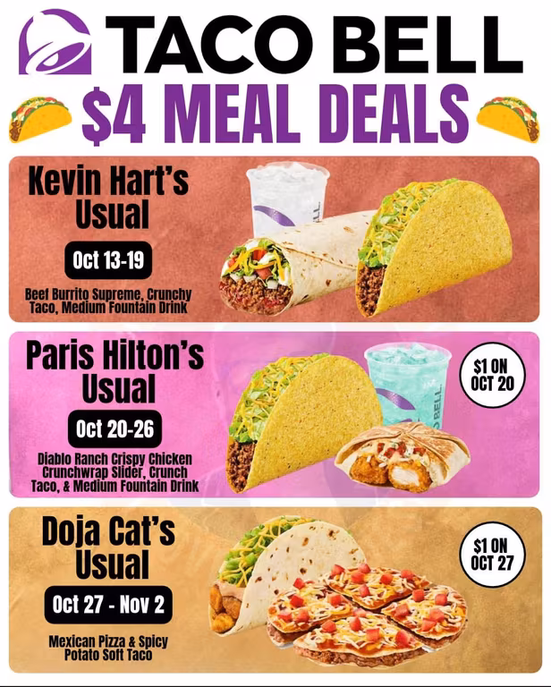Taco Bell $4 Celebrity Meal Deals ($1 via Tuesday Drops thru 11/02)